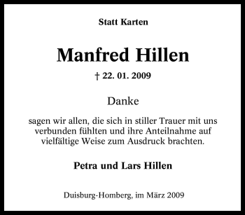 Traueranzeige von Manfred Hillen von Tageszeitung