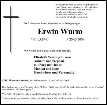 Traueranzeige von Erwin Wurm von Tageszeitung