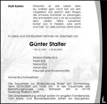 Traueranzeige von Günter Stalter von Tageszeitung
