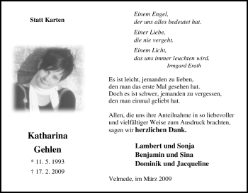 Traueranzeige von Katharina Gehlen von Tageszeitung