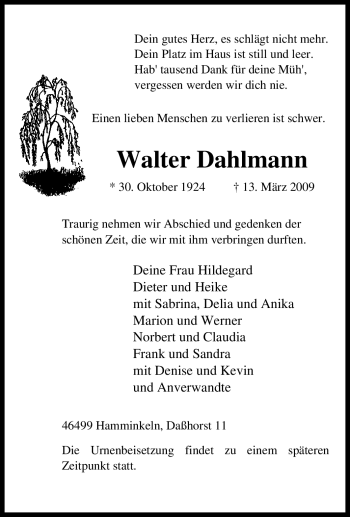 Traueranzeige von Walter Dahlmann von Tageszeitung