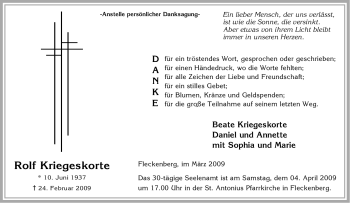 Traueranzeige von Rolf Kriegeskorte von Tageszeitung