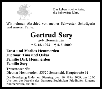Traueranzeige von Gertrud Sery von Tageszeitung