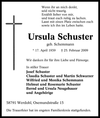 Traueranzeige von Ursula Schuster von Tageszeitung