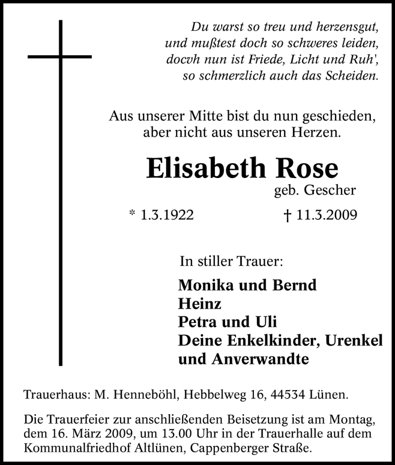  Traueranzeige für Elisabeth Rose vom 13.03.2009 aus Tageszeitung
