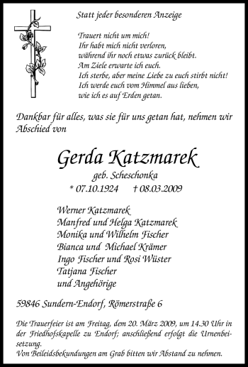 Traueranzeige von Gerda Katzmarek von Tageszeitung