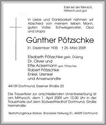 Traueranzeige von Günther Pötzschke von Tageszeitung