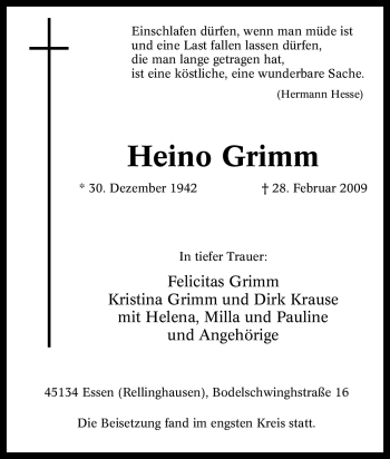 Traueranzeige von Heino Grimm von Tageszeitung