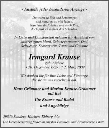 Traueranzeige von Irmgard Krause von Tageszeitung