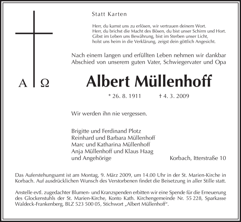  Traueranzeige für Albert Müllenhoff vom 06.03.2009 aus Tageszeitung
