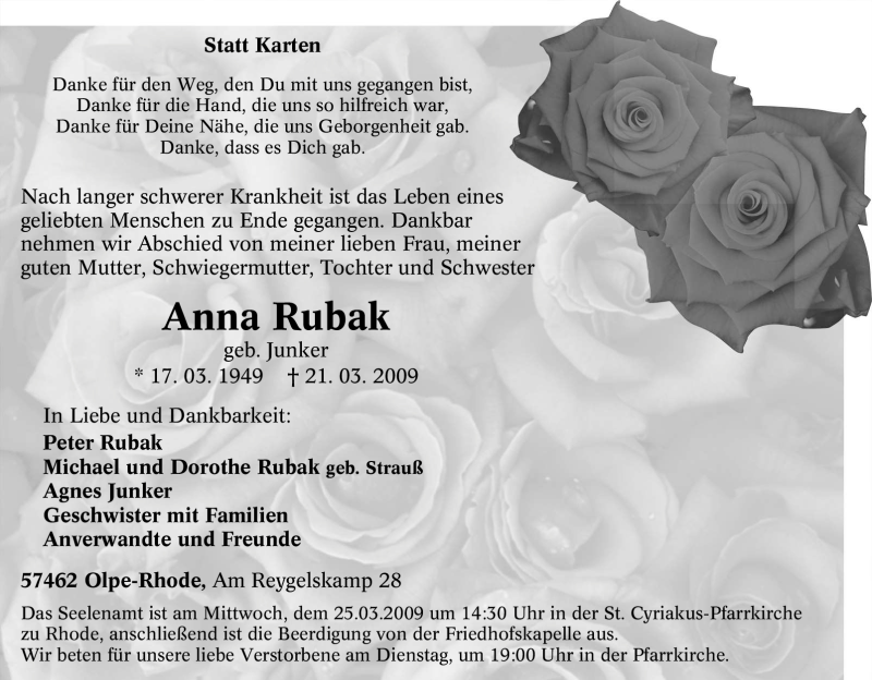 Traueranzeigen von Anna Rubak TrauerinNRW.de