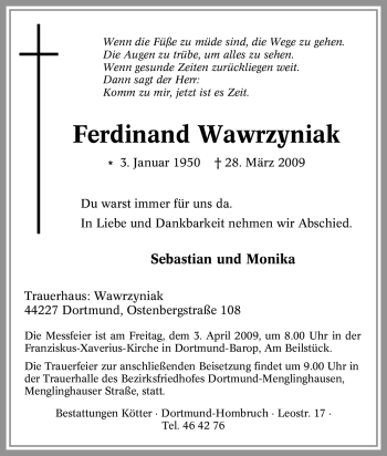 Traueranzeige von Ferdinand Wawrzyniak von Tageszeitung