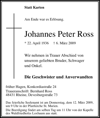 Traueranzeige von Johannes Peter Ross von Tageszeitung