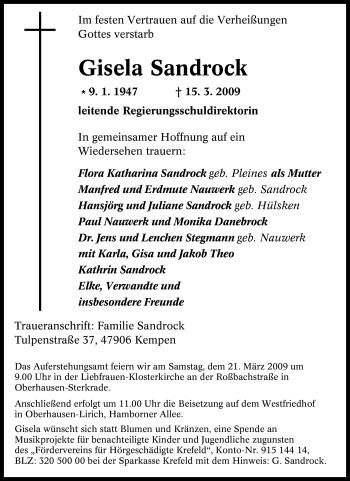 Traueranzeige von Gisela Sandrock von Tageszeitung
