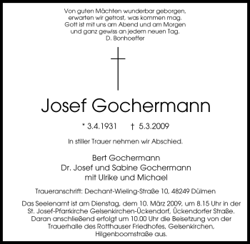 Traueranzeige von Josef Gochermann von Tageszeitung