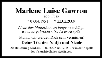 Traueranzeige von Marlene Luise Gawron von Tageszeitung