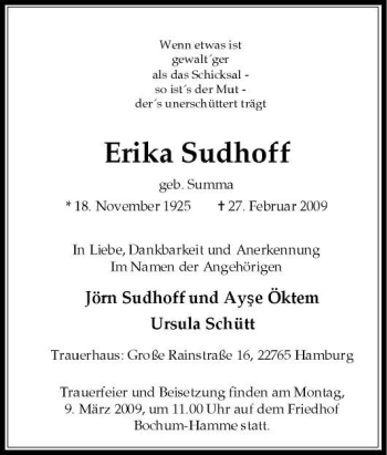 Traueranzeige von Erika Sudhoff von Tageszeitung