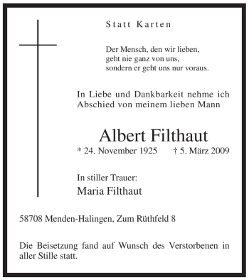 Traueranzeige von Albert Filthaut von Tageszeitung