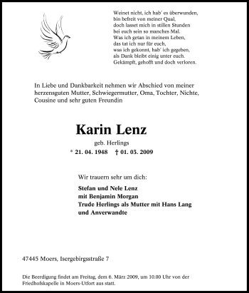 Traueranzeige von Karin Lenz von Tageszeitung