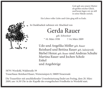 Traueranzeige von Gerda Rauer von Tageszeitung
