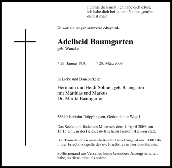 Traueranzeige von Adelheid Baumgarten von Tageszeitung