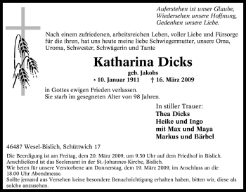 Traueranzeige von Katharina Dicks von Tageszeitung