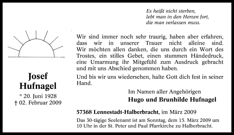  Traueranzeige für Josef Hufnagel vom 07.03.2009 aus Tageszeitung