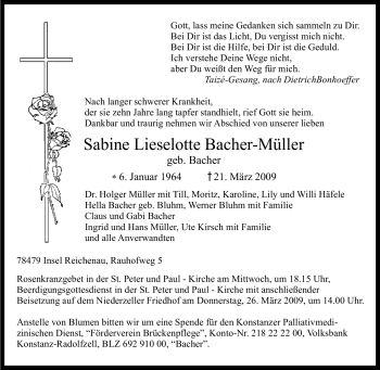 Traueranzeige von Sabine Lieselotte Bacher-Müller von Tageszeitung