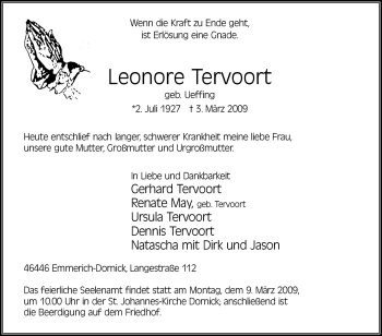 Traueranzeige von Leonore Tervoort von Tageszeitung