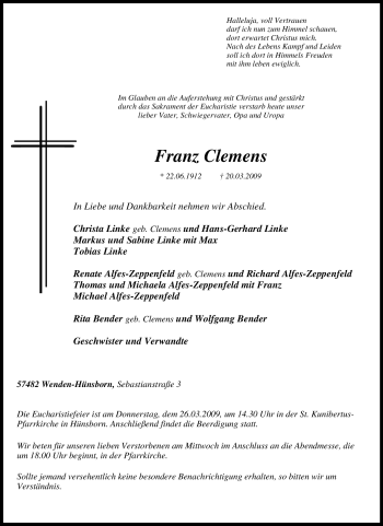 Traueranzeige von Franz Clemens von Tageszeitung