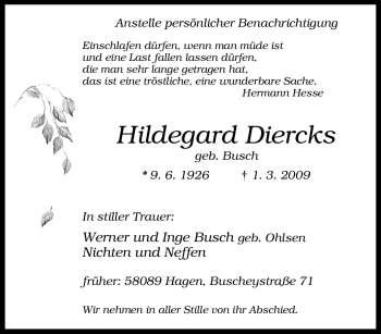 Traueranzeige von Hildegard Diercks von Tageszeitung
