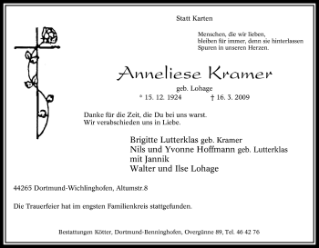 Traueranzeige von Anneliese Kramer von Tageszeitung