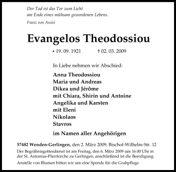 Traueranzeige von Evangelos Theodossiou von Tageszeitung