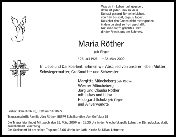 Traueranzeige von Maria Röther von Tageszeitung