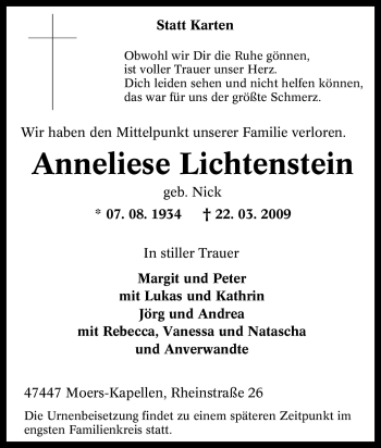 Traueranzeige von Anneliese Lichtenstein von Tageszeitung