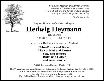 Traueranzeige von Hedwig Heymann von Tageszeitung