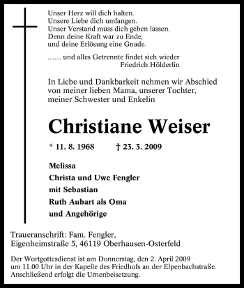 Traueranzeige von Christiane Weiser von Tageszeitung