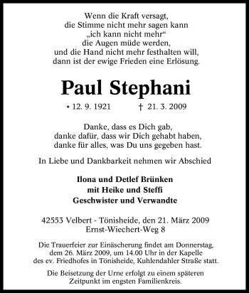 Traueranzeige von Paul Stephani von Tageszeitung