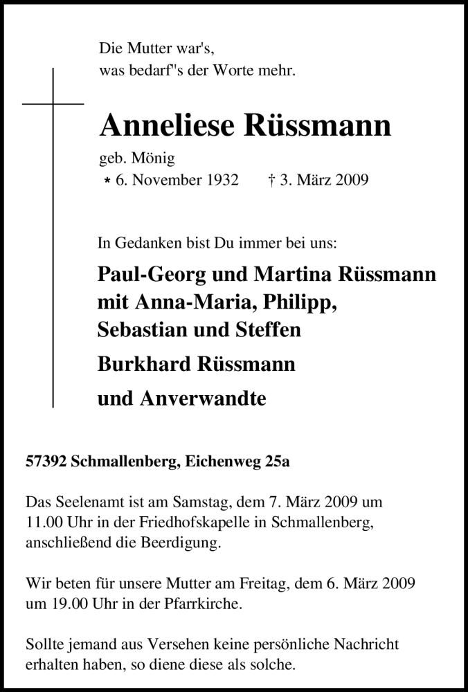  Traueranzeige für Anneliese Rüssmann vom 05.03.2009 aus Tageszeitung