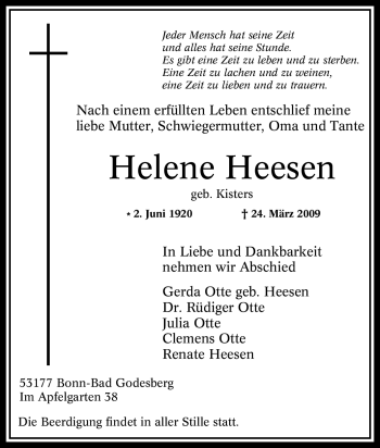 Traueranzeige von Helene Heesen von Tageszeitung