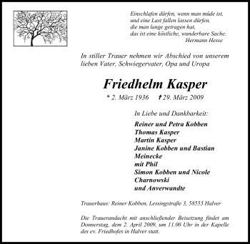 Traueranzeige von Friedhelm Kasper von Tageszeitung