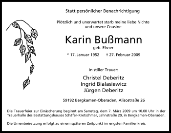 Traueranzeige von Karin Bußmann von Tageszeitung