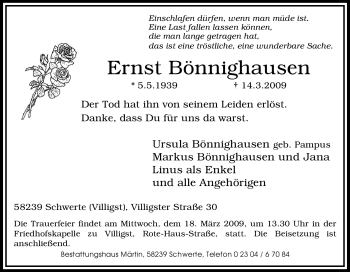 Traueranzeige von Ernst Bönnighausen von Tageszeitung