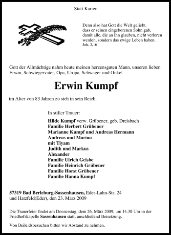 Traueranzeige von Erwin Kumpf von Tageszeitung