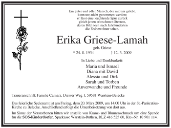 Traueranzeige von Erika Griese-Lamah von Tageszeitung