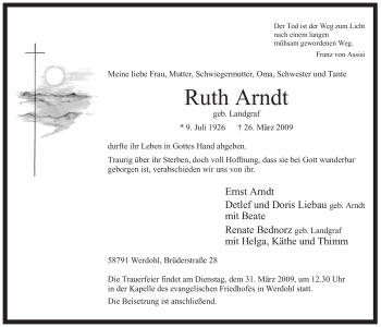 Traueranzeige von Ruth Arndt von Tageszeitung