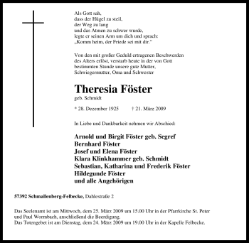 Traueranzeige von Theresia Föster von Tageszeitung