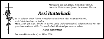 Traueranzeige von Resi Butterbach von Tageszeitung