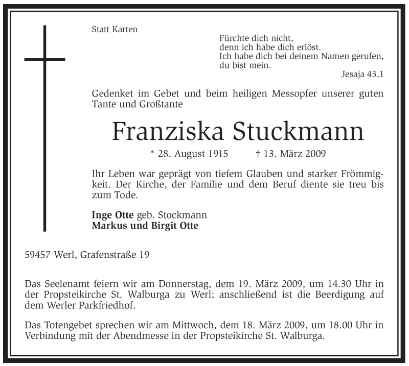  Traueranzeige für Franziska Stuckmann vom 18.03.2009 aus Tageszeitung