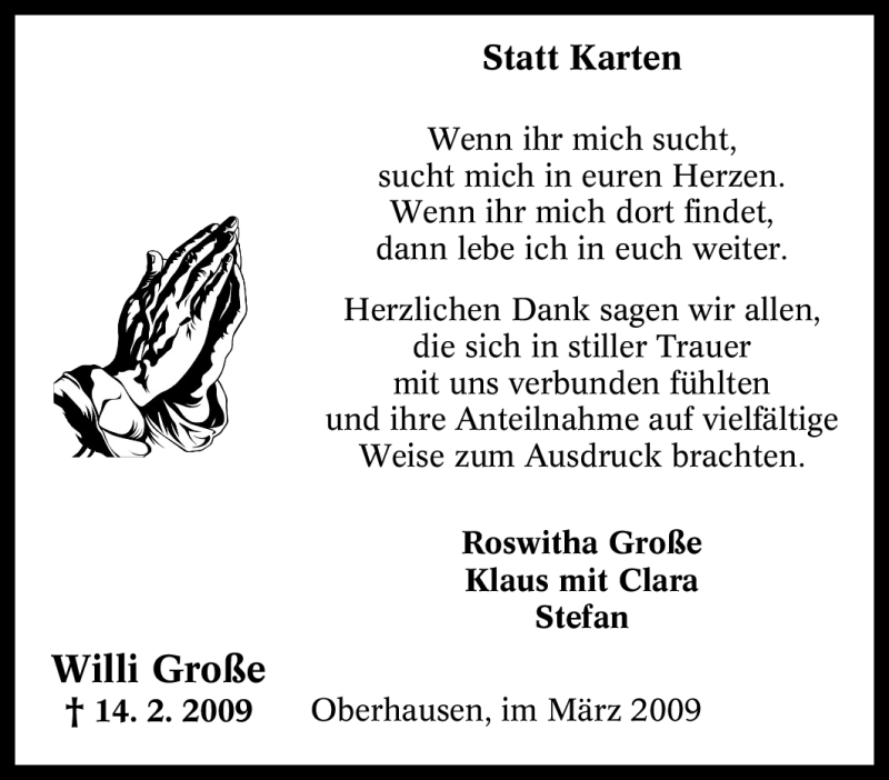  Traueranzeige für Willi Große vom 14.03.2009 aus Tageszeitung